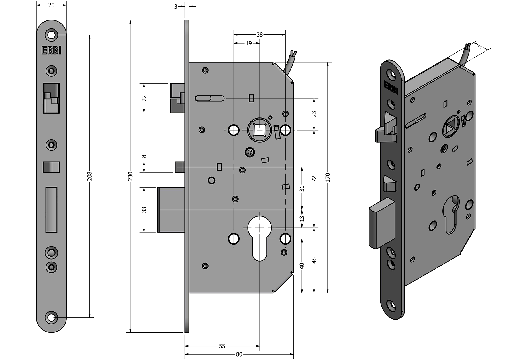 Zámečnický produkt Samozamykací zámek elektromechanický ERBI SAM EL B 72/55