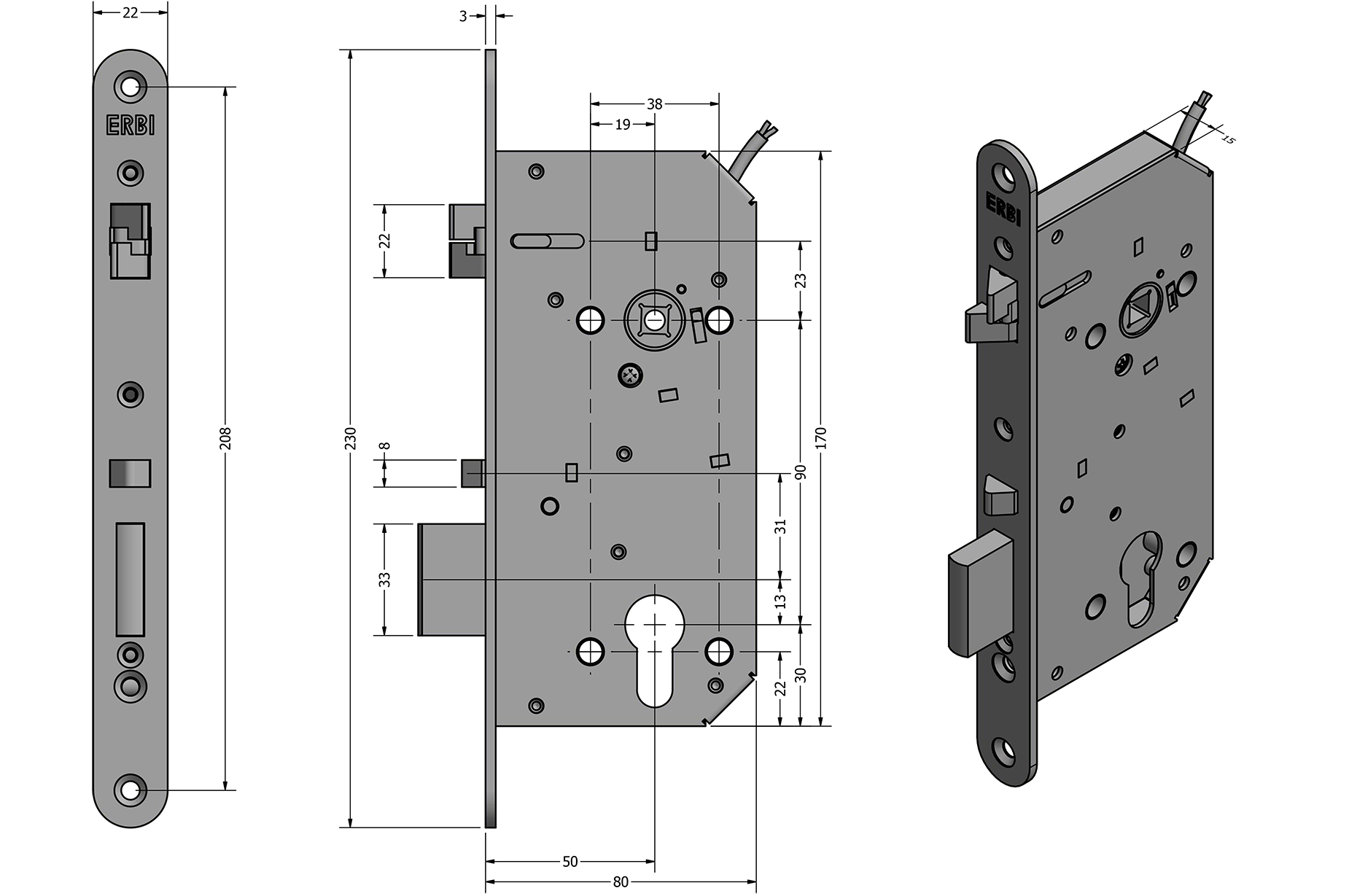Zámečnický produkt Samozamykací zámek elektromechanický ERBI SAM EL B 90/50