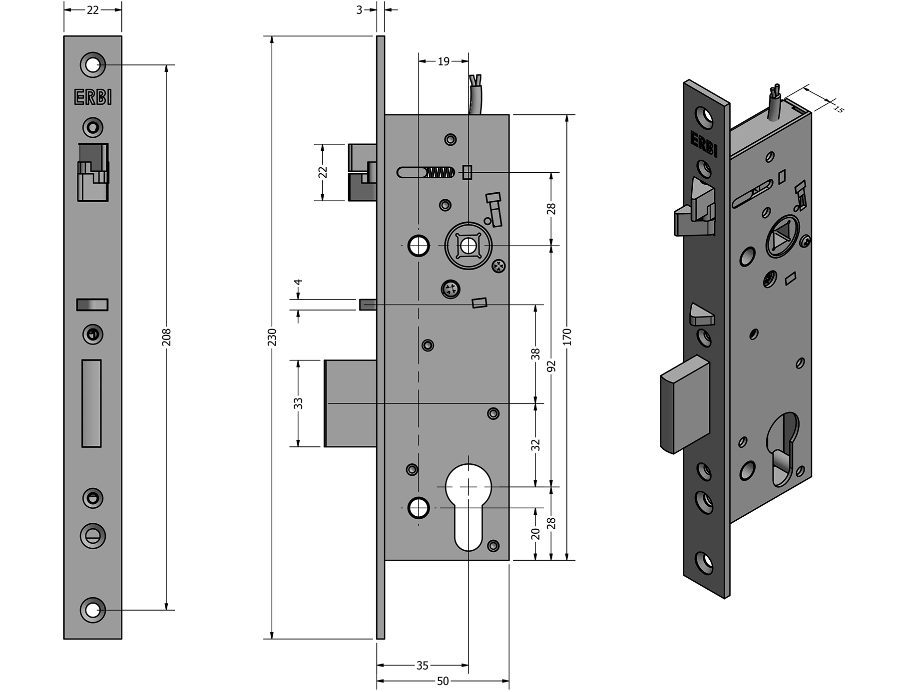 Zámečnický produkt Samozamykací zámek elektromechanický ERBI SAM EL 92/35