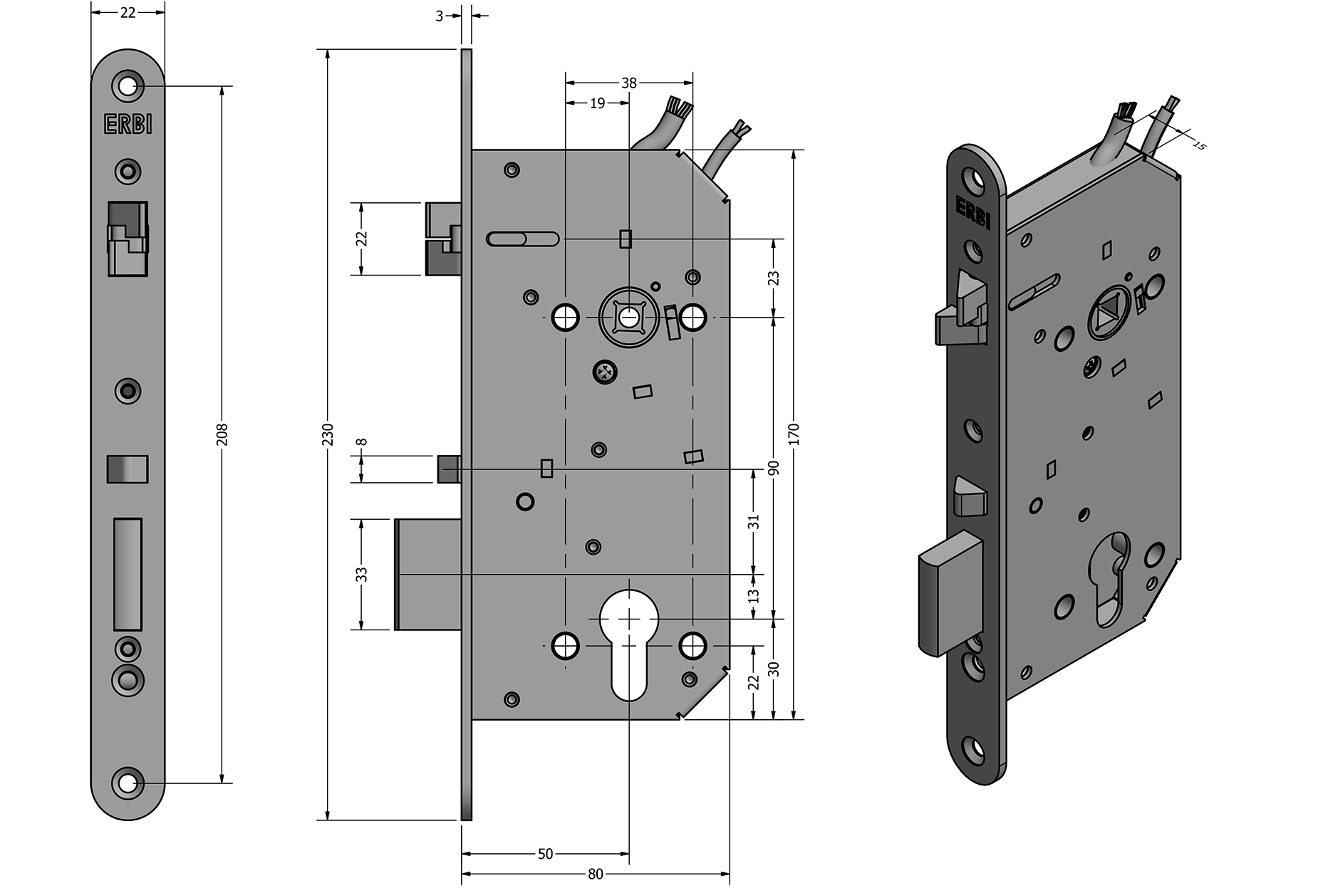 Zámečnický produkt ERBI samozamykací zámek elektromechanický SAM EL MI B 90/50